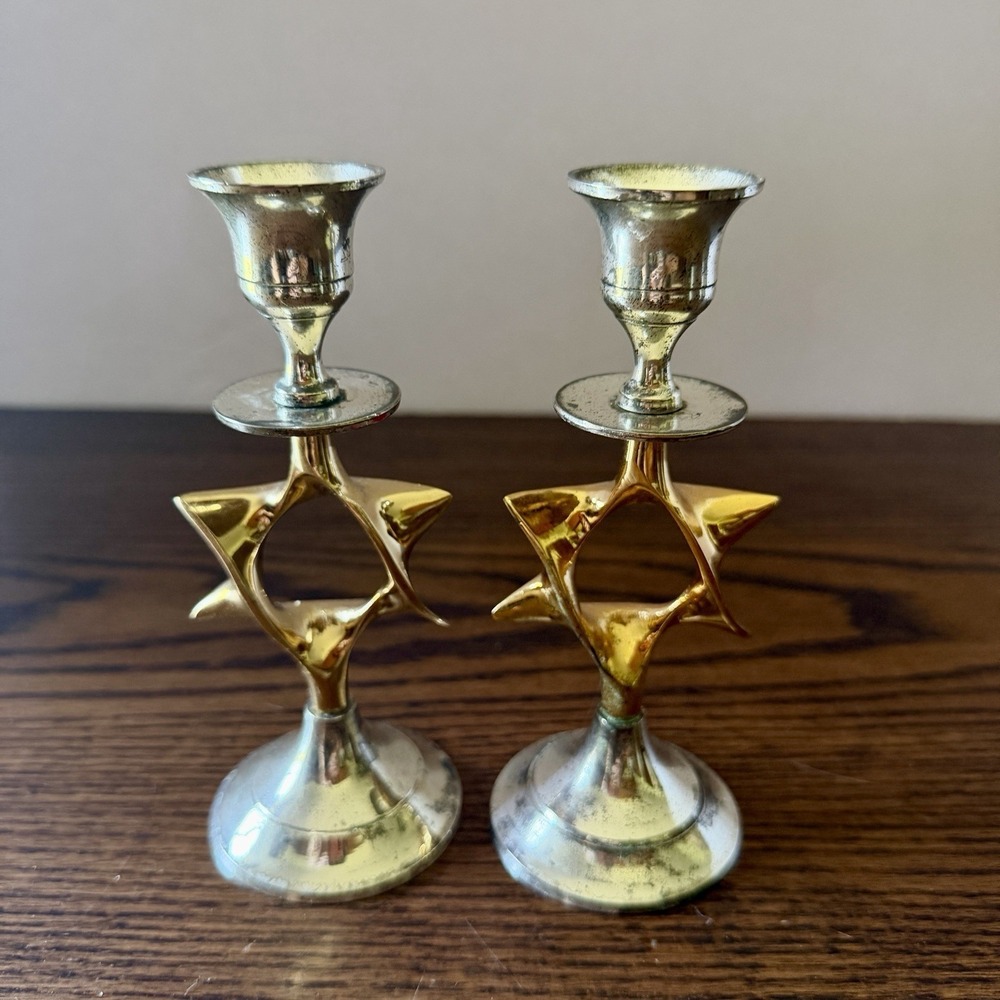 Vintage Karshi Hanukkah Candlesticks Shabbat David Star 24K Gold Plated Set Of 2